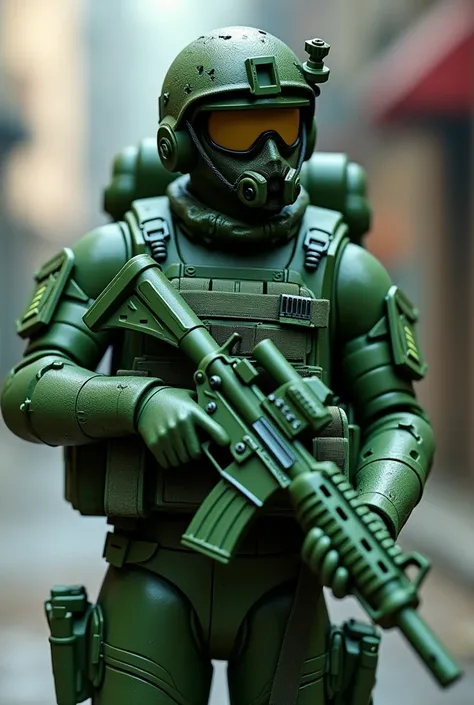 A modern special forces soldier as a green plastic army man figure