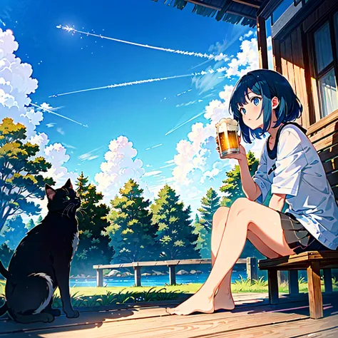 a extreme detailed photo of stunningly-beautiful blue sky riverside mid-summer scene, a captivating girl(2023 anime style) and a cat are sitting and happy talking at outside of old house and looking up at strong summer light with contrail, she is drinking ...