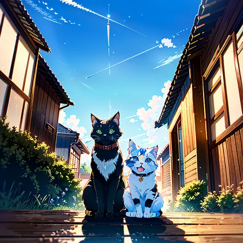 a extreme detailed photo of stunningly-beautiful blue sky riverside mid-summer scene, a captivating girl(2023 anime style) and a cat are sitting and happy talking at outside of old house and looking up at strong summer light with contrail, she is drinking ...