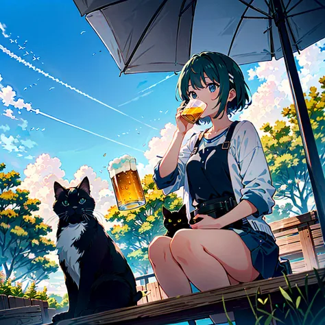 a extreme detailed photo of stunningly-beautiful blue sky riverside mid-summer scene, a captivating girl(2023 anime style) and a cat are sitting and happy talking at outside of old house and looking up at strong summer light with contrail, she is drinking ...