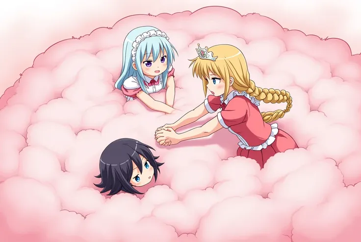 An anime-style illustration depicting maids and princess playfully wrestling with each other inside a pink comical fight cloud (foam cloud).
each maid has different  colored hair.one princss with blonde long braided and blue-eyes and pink-dress.
their face...