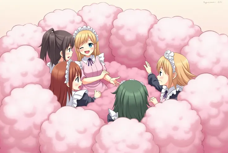 An anime-style illustration depicting maids and princess playfully wrestling with each other inside a pink comical fight cloud (foam cloud).
each maid has different  colored hair.one princss with blonde long braided and blue-eyes and pink-dress.
their face...