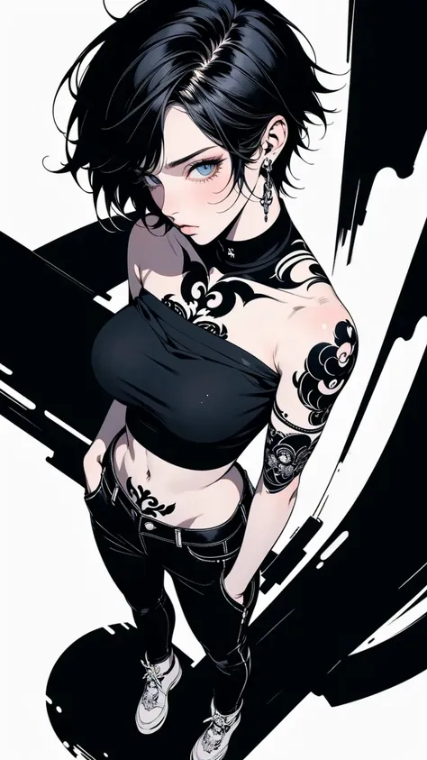 Top view, A woman with her hands in her pockets, Asymmetrical Short Hair, Perfect body, Big Breasts, Full body tattoos, Black tube top, abstract design, White background, Anime Style, Digital Painting, (masterpiece, High resolution, Highest quality)