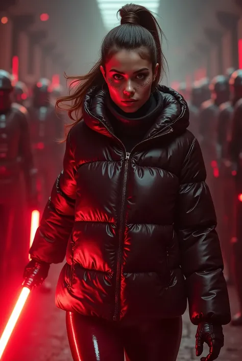  a slim ponytail  angry sith wielding her bright lightsaber, she is walking in room full of jedi,beautiful detailed bright red-colored eyes,beautiful freckles,beautiful detailed lips,extremely detailed eyes and face,longeyelashes, wearing beautiful detaile...