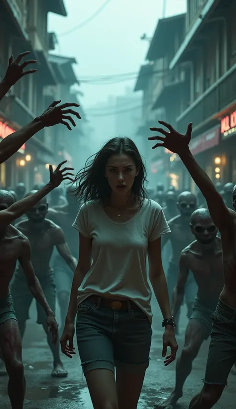 Create an intense scene inspired by a zombie apocalypse. In the foreground, a group of zombies reach toward the teenage girl in the middle of the scene, standing nervously and bravely, facing the approaching dange. The background is a Thai-style urban stre...