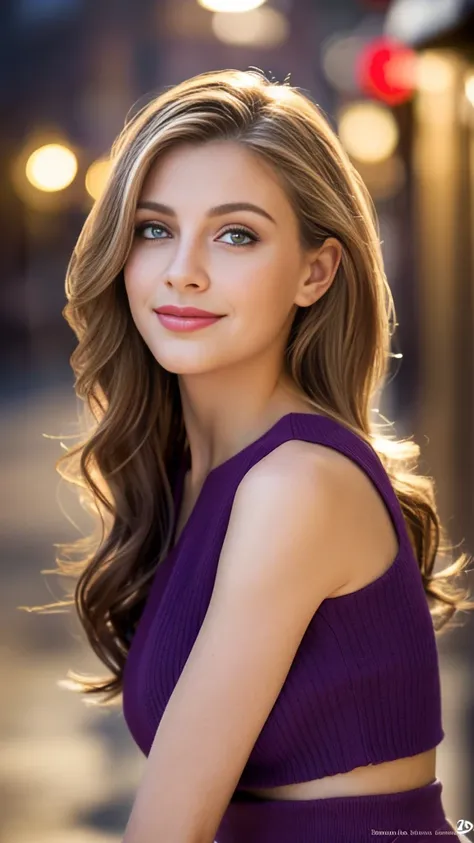 (realistic,photorealistic,photo-realistic:1.37),highly detailed russian girl, aubergine strapless top and aubergine mini skirt, smiling,gorgeous british 18year woman,beautiful detailed eyes,beautiful detailed lips,realism style,dynamic pose,full body,8k qu...