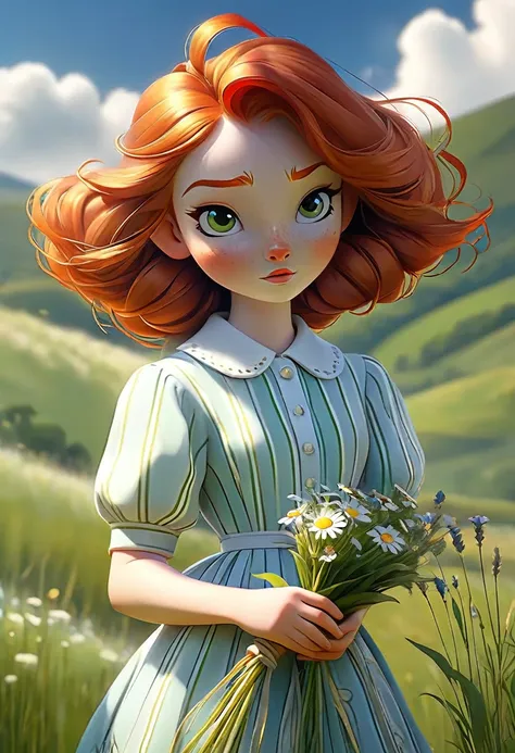 a redheaded girl in a green meadow, detailed facial features, long eyelashes, beautiful porcelain skin, freckles, wearing a blue and white striped dress, holding a bouquet of wildflowers, peaceful countryside landscape, rolling hills, fluffy white clouds, ...