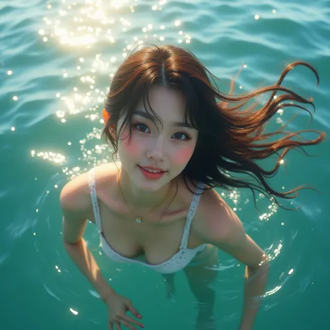 High resolution of a brown-short-haired Japanese woman swimming in the ocean with a shy smile inviting you to swim with her, masterpiece, Anatomically correct, Highest quality, High detail, Textured skin, Ultra-detailed, Cinematography, clear shiny sun lig...