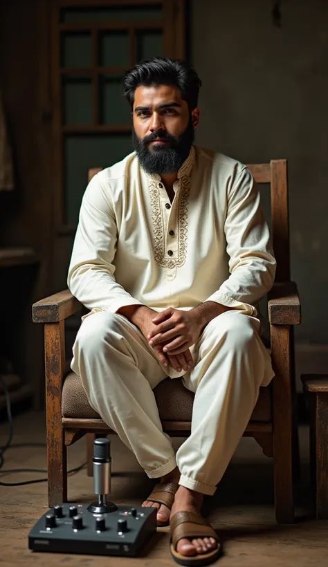 A young adult male in his early twenties with a rugged, full beard sits comfortably on a worn, rustic wooden chair, its legs adorned with subtle carvings, in front of a distressed, dark-wooden table with prominent grain patterns. On the table, a sleek, sil...