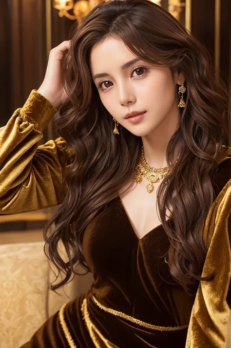 (wavy brown hair:1.3), wearing a (velvet dress:1.2), ((golden jewelry)), soft expression, (leaning forward), (low key lighting), detailed eyes, highly detailed lips