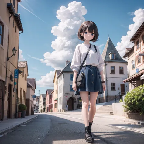 (masterpiece),  town,  blue sky,  one person&#39;s,  smile,  alone,  sailor suit、long skirt,  overgrown,  petal,  plant、skirt li...