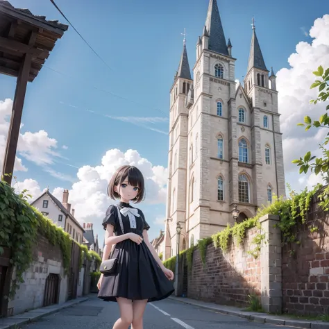 (masterpiece),  town,  blue sky,  one person&#39;s,  smile,  alone,  sailor suit、long skirt,  overgrown,  petal,  plant、skirt li...