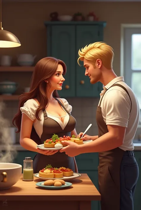 Housewife, kitchen, brunett, straight hair, apron, busty, huge boops, she is serving food to her husband, he is blond, has no beard, he looks content with her 