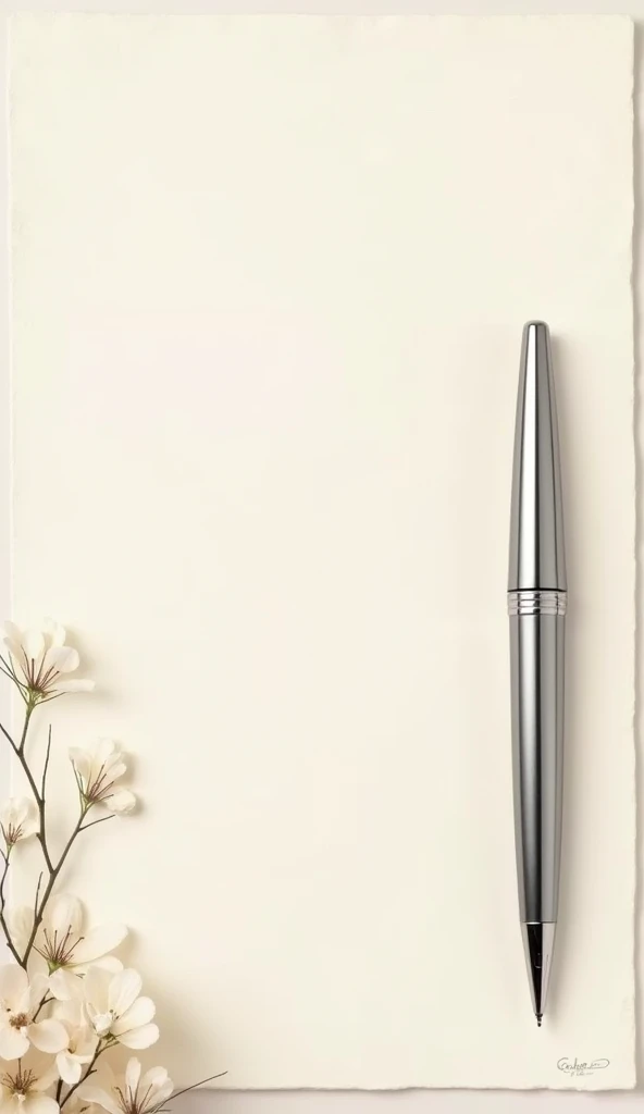 A white brownish page. The page with some flower design bottom side of the page. Left side of the page have a Parker Folio Stainless Steel Chrome Trim silver color Fountain Pen. Pen is completely silver color dont use other colors. 
Pen onto the side corne...