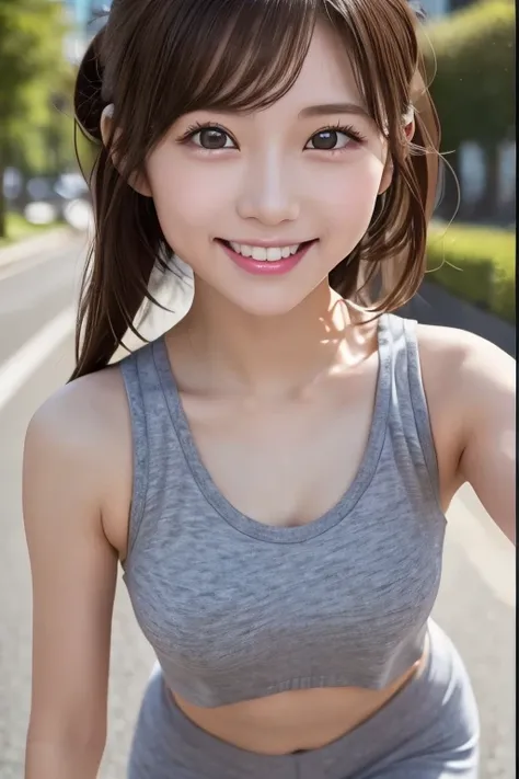 woman,2,Brown Hair,Sportswear,running,Sweat,Bright smile,Big eyes,Charm,cheerful and energetic,Natural Body,Small and delicate,whole body,A bit clumsy