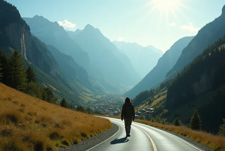 You are walking alone on a sinuous clear road that winds through majestic mountains, just ahead has a beautiful town with several people. The sky, once clear, is now covered by sunlight. The wind blows with increasing force, making the trees around it moan...