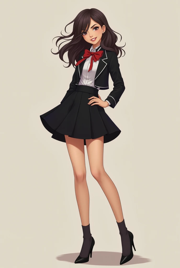 黑色Short skirt，School Belle，Short skirt，whole body，High heel，Smile