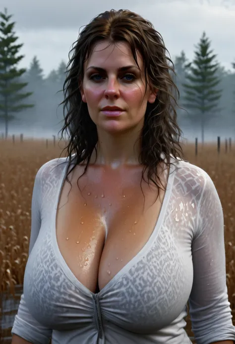 (Photorealistic:1.2), masterpiece, Best quality, 8k, highly detailed face and body, high resolution, Thick woman, ((white Caucasian 40 years old depraved milf)), no self esteem, walking outside, autumn, day time, cloudy, raining lightly, Mississippi, long ...