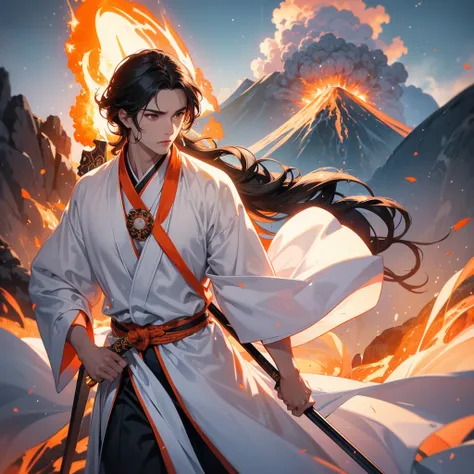 A Handsome black-hair male holding a large sword in white hanfu dress, Background is a volcano, lava erupting orange close up.