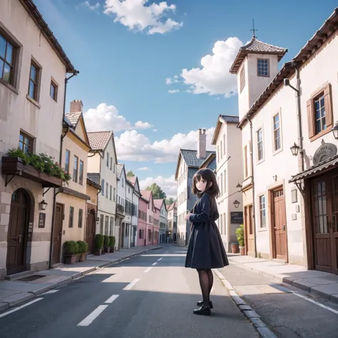 (masterpiece),  town,  blue sky,  one person&#39;s,  smile,  alone,  Sailor suit、Long skirt,  Overgrown,  petal,  plant、Skirt lining、Translucent slip、nostalgic、Black Pantyhose