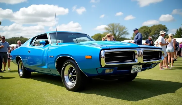 73 valiant charger electric blue at the Goodwood festival  with a sunny day, wispy white clouds