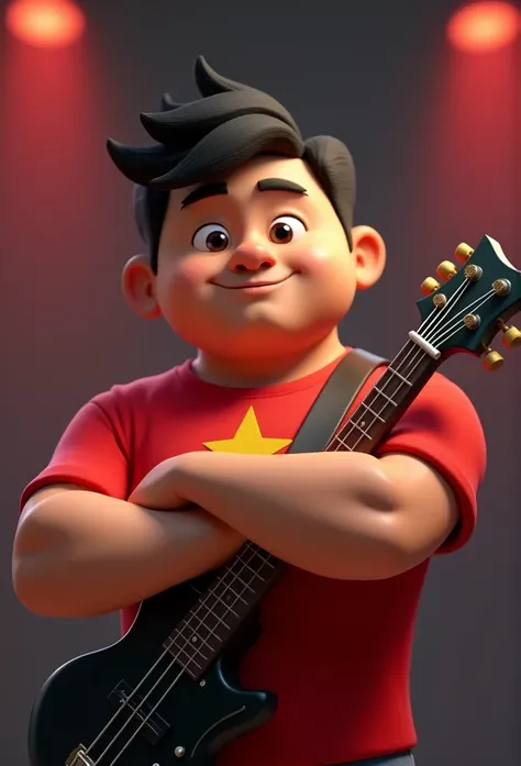 Cartoon character of a strong man with a round, dark face and short black hair (bass guitar) with arms crossed and a completely red shirt with a star on the chest, animation character, stylized character, animation style rendering, 3d stylized, Arnold Maya...