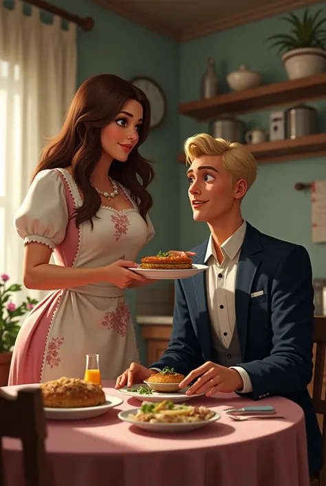 Housewife, kitchen, brunett, straight hair, apron, busty, huge boops, she is serving food to her husband, he is blond, has no beard, he looks content with her, he wears smoking