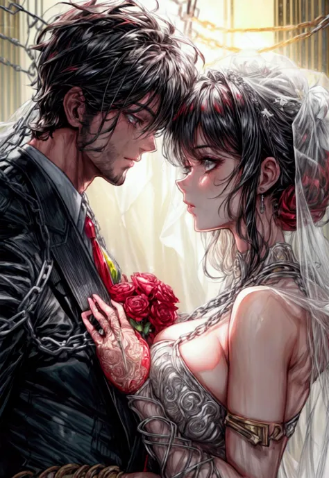 a comic art, Julie Bell art of a groom held by ((radiant chains: 1.2)), in his wedding day and his bride, a handsome groom, wearing suit and tie, BREAK AND a beautiful, sexy bride, busty bride, wearing white lace wedding dress, the chain holds the groom, w...