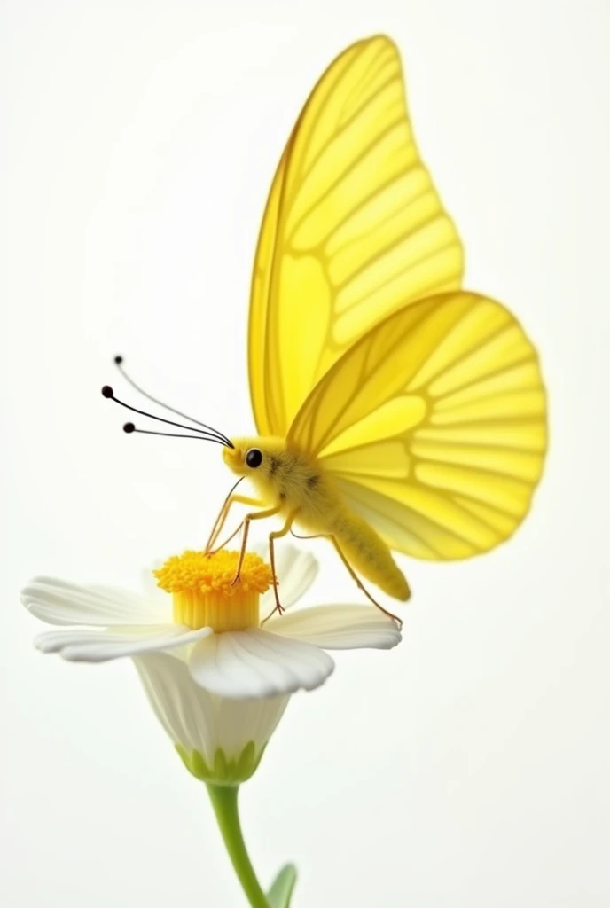 YELLOW BUTTERFLY ON WHITE FLOWER TAKING HONEY  In side angle
