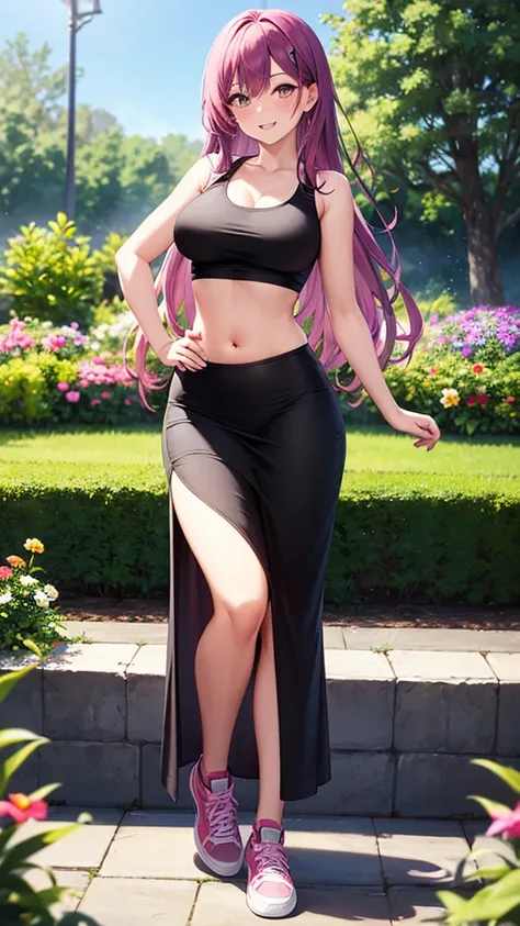 masterpiece, best quality, high detail, beautiful woman, long hair, purple hair, black tank top, pink maxi pencil skirt, long pink pencil skirt, long skirt:1.2, pink pencil skirt, midriff, belly button, wide hips, sneakers, looking at viewer, light smile, ...