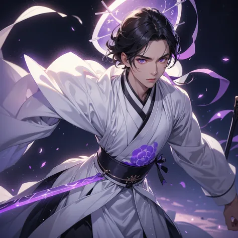 A Handsome black-hair male holding a large sword in white hanfu dress, Background is a dark moonless night, with dry trees in the background, and purple glowing light, close up.