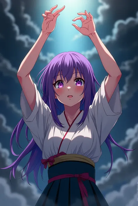 Shinobo kocho raising her hands upwards and looking at the point of view with the right eye closed and tounge slightly out