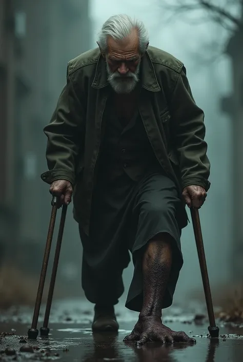 An image of an elderly man walking , back to camera on crutches with a real dark terrifying amputated leg