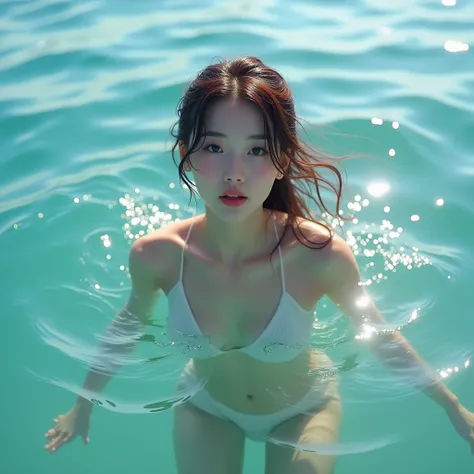 High resolution of a brown-haired Japanese woman swimming in the ocean with a shy smile inviting you to swim with her, masterpiece, Anatomically correct, Highest quality, High detail, Textured skin, Ultra-detailed, Cinematography, shiny sun light 