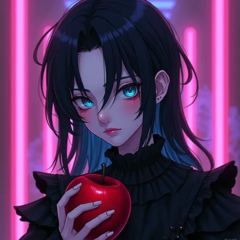 sexy, young male, with black long hair, teal blue eyes, delicate facial features, and pale and white skin. frilly Gothic clothes. anime style. blood. his eyes look soulless. eating a red apple. (Cyberpunk) (pink and purple shading) male. (Neon highlights) ...