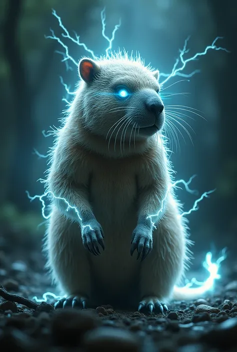 Extremely creepy and electrified capybara, with rays coming out of the eyes and body
