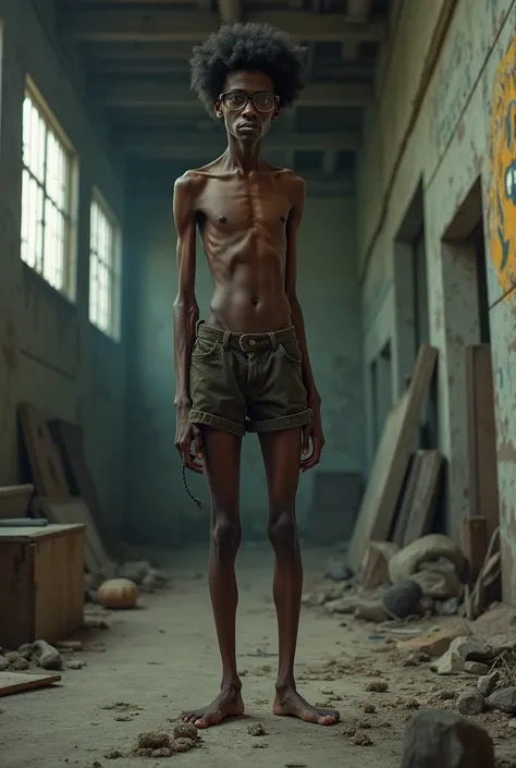 A thin, malnourished young man with a dirty appearance and dark, curly hair who wears glasses in a dirty, abandoned warehouse, that has black skin