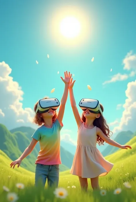 I want a young 2 girl wearing a vr headst and trying to touch the sky where the sun is brighted 