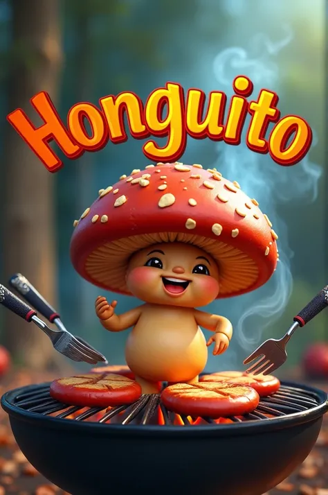 Animated grilling mushroom with grilling tools in orange and dark blue containing the word "honguito" roasting on a barbecue grill