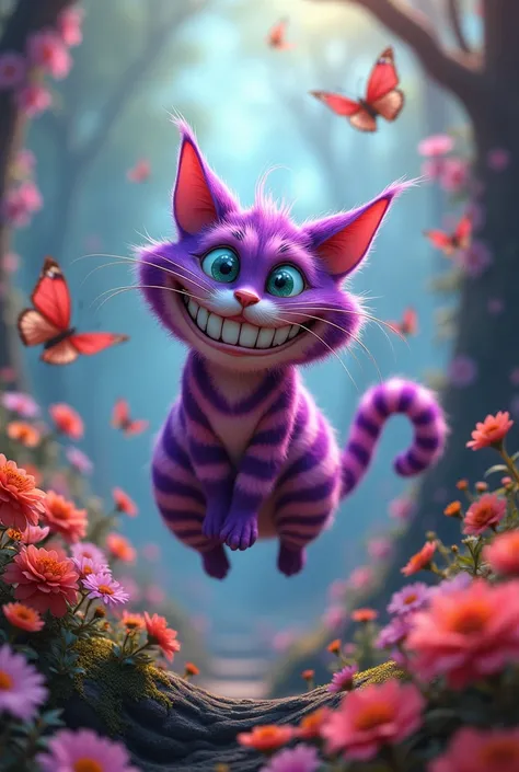 Cheshire cat smiling floating rainbow flowers and butterflies