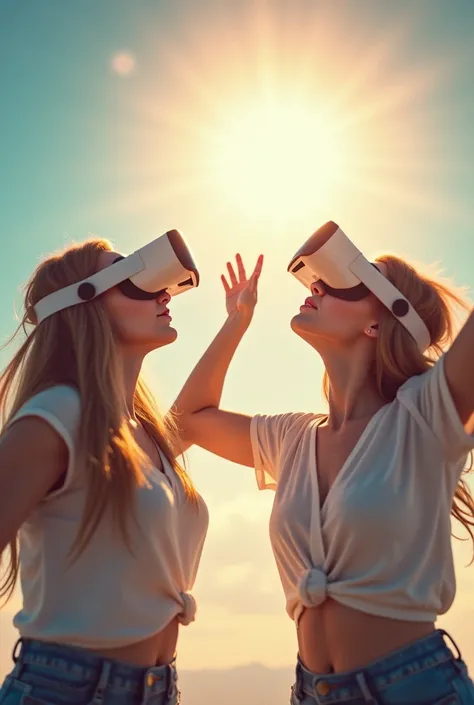 I want a 2 woman wearing a vr headst and trying to touch the sky where the sun is brighted. The womans hair is facing us