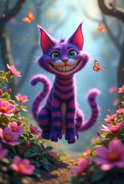 Cheshire cat smiling floating rainbow flowers and butterflies