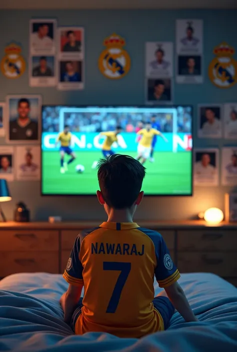 A boy of age about 15 wearing a jersey of Nawaraj 7 watching Ronaldo playing from his bed and his wall is full of Ronaldos photo and real Madrid logo 