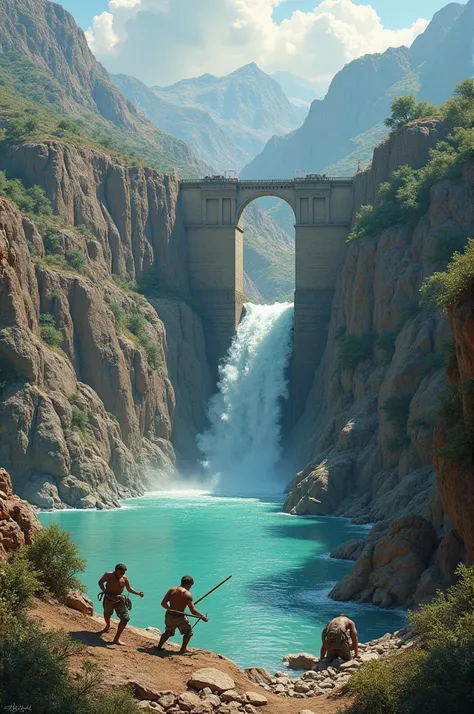 Humans (biosphere) built a dam out of rock materials (lithosphere). Water in the lake (hydrosphere) seeps into the cliff walls behind the dam, becoming groundwater (lithosphere), or evaporating into the air (atmosphere).