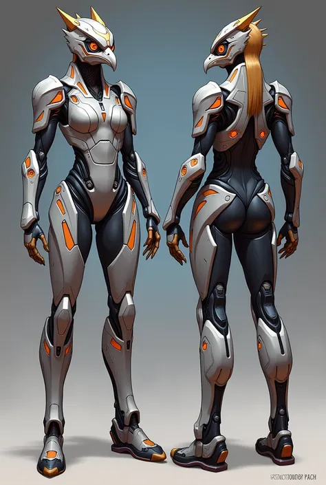 stylized style, Overwatch style female character concept, full body back and front view, robot detailed face with round eyes, eagle theme, body covered with armor