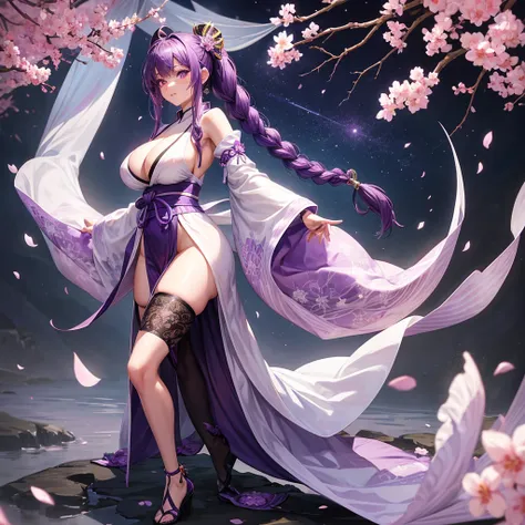 1 girl, 17 years, bright skin, long purple hair, braided into one ponytail, purple eyes, white yukata with open legs and sakura petals, Slender, Beautiful legs, black belt, black gloves, purple sakura flowers, purple long cloak, detailing,  Ideal, red and ...