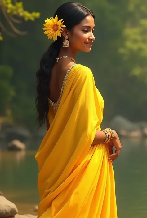 Medium dark and high height girl with yellow chudi with  a yellow flower on hair
