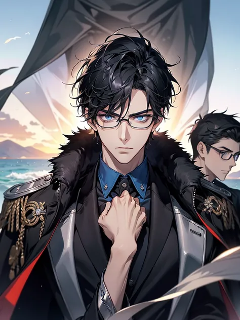 Masterpiece, High quality, Portrait, anime style, 3 young man, หน้าตาhandsome, glowing eyes, Tall anime guy with blue eyes., black short hair, ((blue eyes)),Wearing silver-rimmed glasses, ((short black hair)), [Thick eyebrows], ((black long coat)), ((all b...