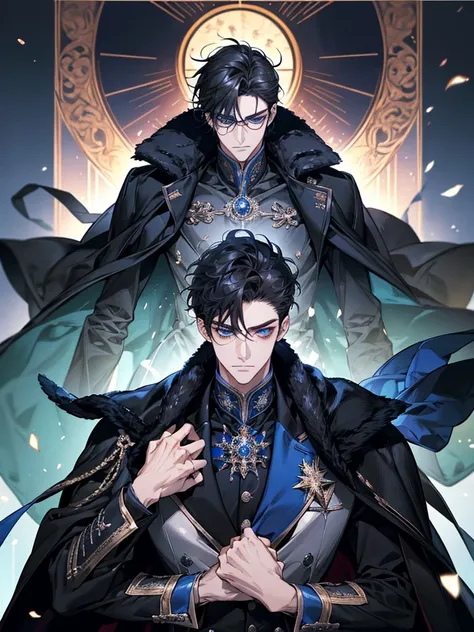 Masterpiece, High quality, Portrait, anime style, 3 young man, หน้าตาhandsome, glowing eyes, Tall anime guy with blue eyes., black short hair, ((blue eyes)),Wearing silver-rimmed glasses, ((short black hair)), [Thick eyebrows], ((black long coat)), ((all b...