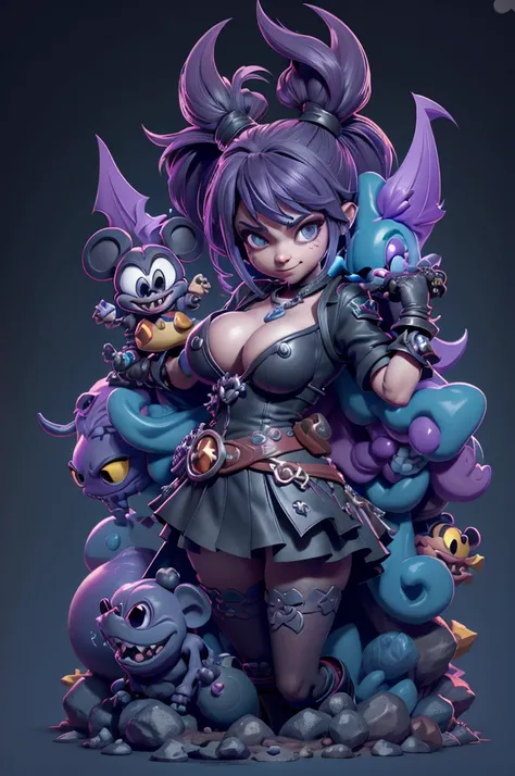 kingdom hearts style monsters, animal-based,3d style, shadown monster, Demons, darkness monster, rayman legends, mickey mouse character style, girl, kingdom hearts, covered by a cover, cold and cheerful colors, carrying magic sword, dark mouse in around, (...